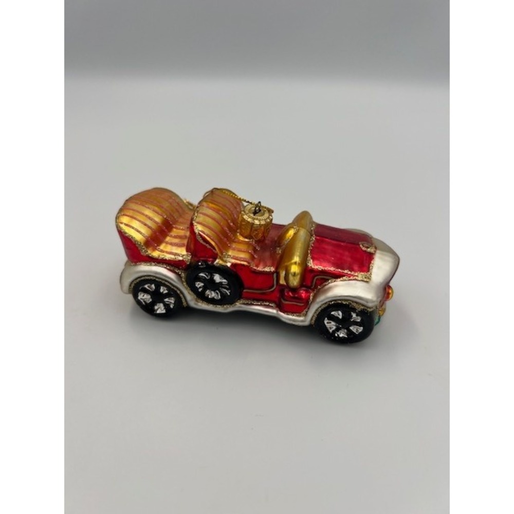 Vintage 1990s Blown Glass Red Classic Car Christmas Ornament Gold Glitter 4.5"